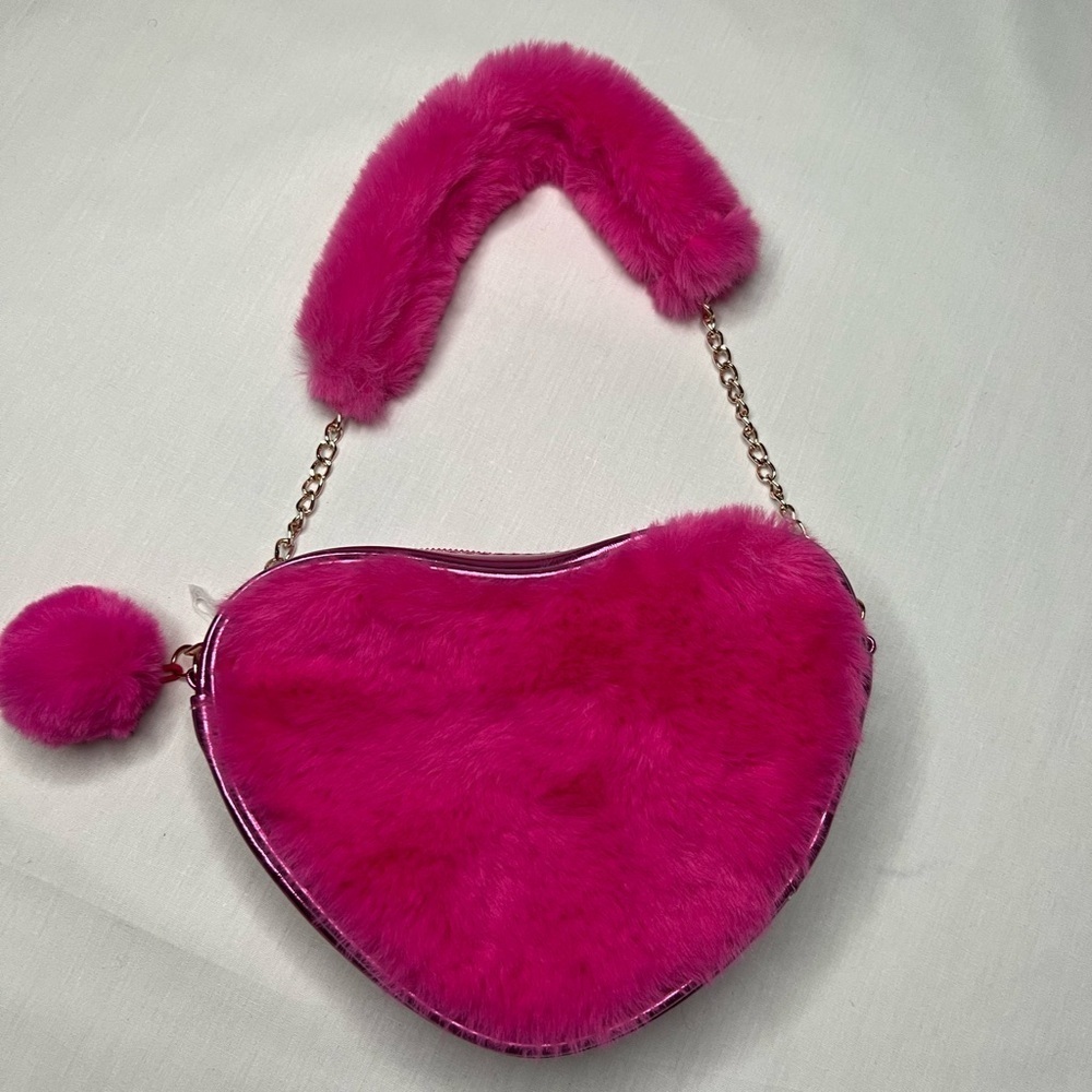 Rainbow Sugar Fluffy Pink Heart Shoulder Bag 7”
